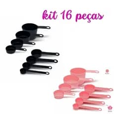 conjunto de medidas e Medidores xicaras e colheres rosa e preto  - 16 peças