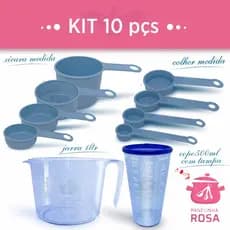 kit ou Conjunto de medidores completos e funcionais na cor azul jarra 1 litro copo com tampa 500 ml xicara e colher