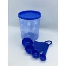 conjunto medida certa com tampa na cor azul  ,copo e colher medidor cozinha lar e casa
