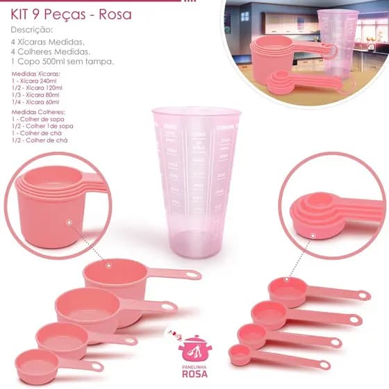 kit medidores 9 peças copo de 500 ml xicara e colheres rosa casa cozinha decoração e confeitaria casa