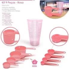 kit medidores 9 peças copo de 500 ml xicara e colheres rosa casa cozinha decoração e confeitaria casa