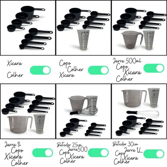 Kit's Medidas 8, 9, 10 e 11 Peças Com Batedores 25/30, Jarra 1000ml/500ml, Copo, Xicara e Colheres Pretos. Resistentes