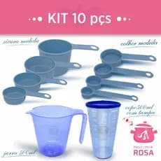 kit medidores 10 peças jarra de 500 ml copo de 500 ml com tampa xicara e colher na cor azul