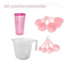 Medidores, kit medida 10 peças xicara e colher (rosa), copo com tampa (rosa) jarra de 1 litro