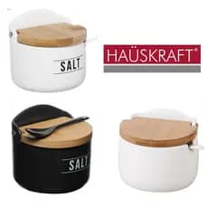 Saleiro de Cozinha de Porcelana Tampa de Bambu Porta Temperos Cerâmica com Colher de Porcelana Saleiro de Mesa Manhattan Hauskraft