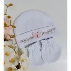 Touca e luva de bebe recém nascido RN maternidade personalizada com borboleta 3D