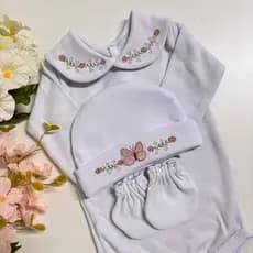 Kit 3 peças Body de bebe manga longa menina bordado floral, touca e luva