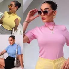 Blusa Feminina Gola Alta T-Shirt Manga Curta Lisa Tamanho ÚNICO Versátil Tecido ViscoLycra Moda Feminino Blogueirinha