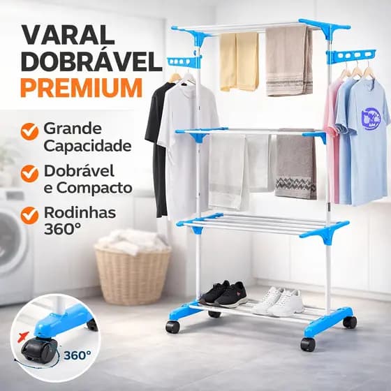 Varal Chão Dobrável 3 Andares com Rodas 6 Prateleiras Grande Roupas Lavanderia Resistente Compacto