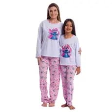 Kit Mãe e Filha Pijama Longo de Inverno Manga Longa e Calça Personagem Oferta