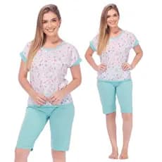 Pijama Pescador Confortável Adulto Feminino Blusinha e Calça Curta Noite Senhora Conforto Completo para Todas as Noites
