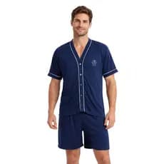 Pijama Masculino Curto Adulto Aberto Botão Funcional Malha Estampada Pós Cirúrgico