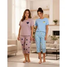 Kit 2 Pijamas Capri Pescador Bermudão Feminino Malha Manga Curta