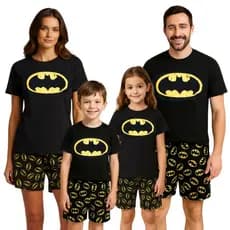 Kit Combinado Pijama Família Batman Manga Curta Short Malha PV Adulto e Infantil Tal Mãe Tal Pai e Tal filho Oferta