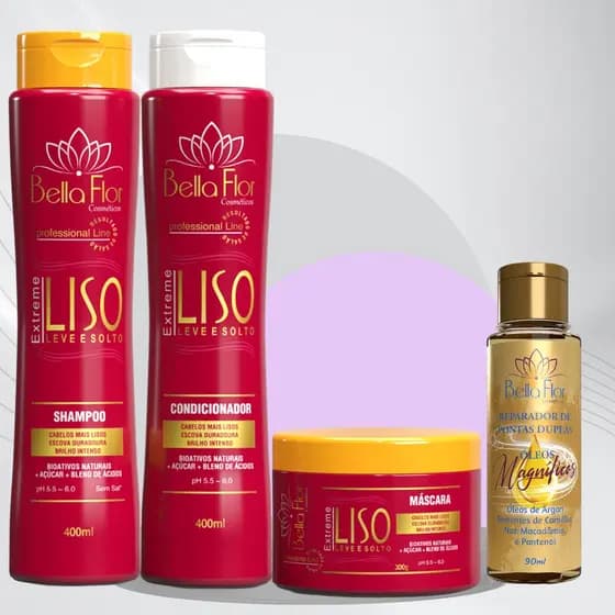 Cabelo Liso  1 Shampoo, 1 Condicionador, 1 Mascara e 1 Reparador de Pontas - Bella Flor Cosméticos