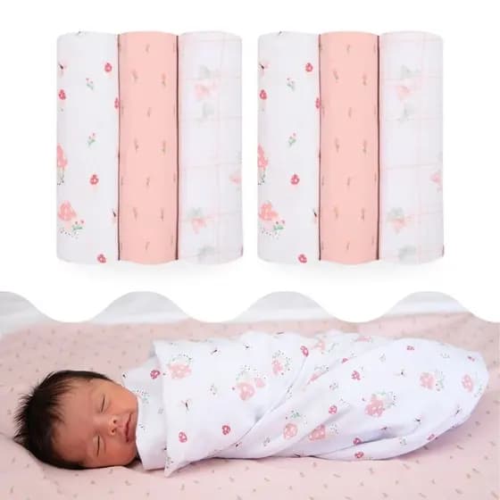 Kit 6 Cueiro Flanelado Estampado 80x80cm 100% Algodão Rosa Menina Papi Têxtil
