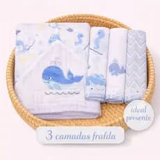 Kit Toalha Banho Bebê Soft Capuz 85x85 Tripla Camada 3 Panos Boca 32x32 100% Algodão Menino Menina
