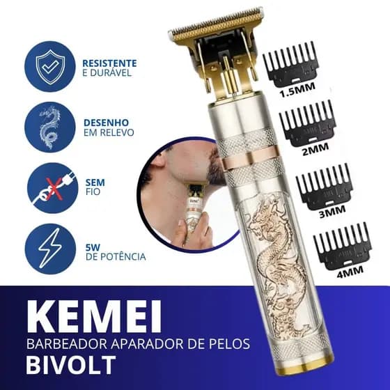 Maquina Kemei Dragão Branca de Cortar Cabelo e Barba Barbeador Profissional Kemei 762 Bivolt