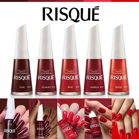 Risque Esmaltes Tons Vermelhos Kit 5 de Esmalte Vermelho Hipoalergênico 8ml