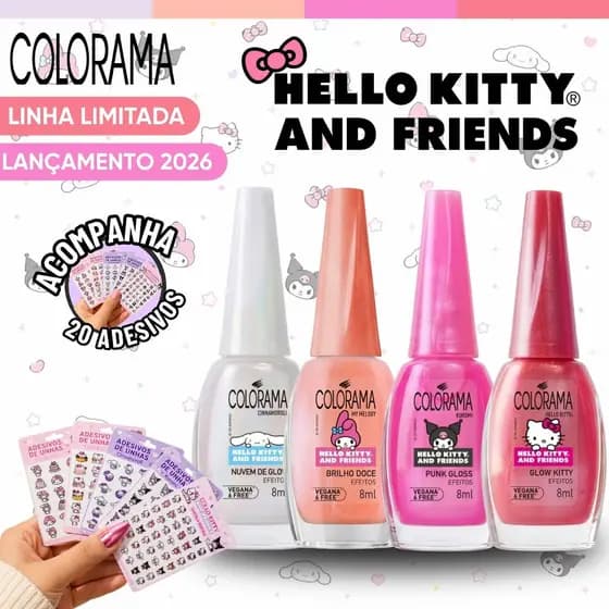 Kit Esmaltes Colorama Hello Kitty And Friends Novas Cores Pó Cromado + Adesivos Esmalte Atacado
