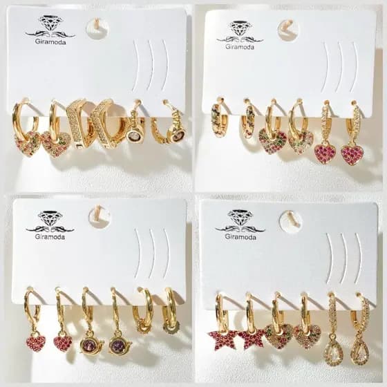 Kit 3 brincos cravejado pedra de zirconia argolinha pingente coracaofolheados a ouro18k e prata 925