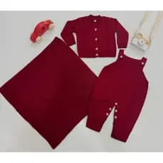 Kit Conjunto de Saída de Maternidade Jardineira  Romper Casaquinho  Manta Luxo 3 Pecas Enxoval Tricô
