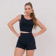 Conjunto Fitness Feminino Poliamida Top Cropped  e Short Duplo 2 em 1 Com Bolso Traseiro Academia Corrida Treino