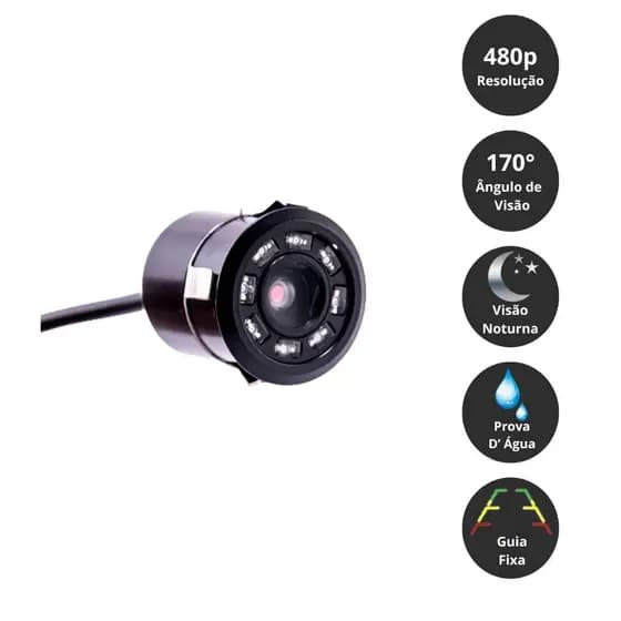 Kit Câmera De Ré Estacionamento Automotiva Embutida 8 LEDs Colorida Noturna