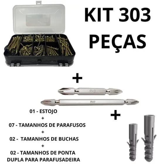 Kit Parafusos Chipboard Philips + Buchas +  Ponta dupla Magnética + Estojo Organizador (303 peças)