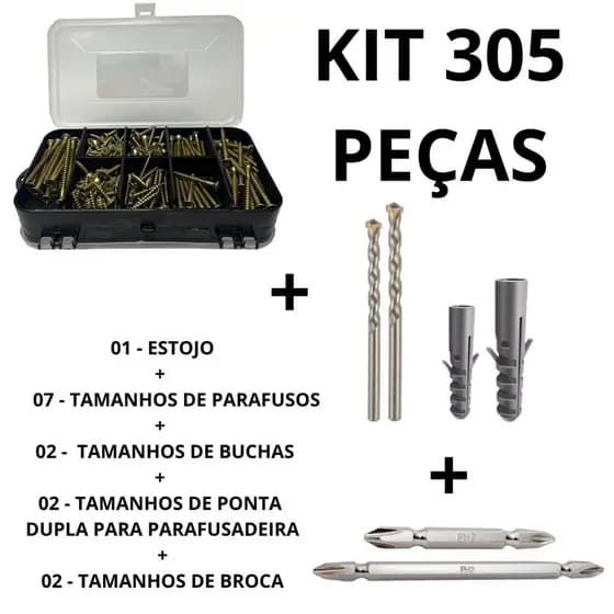 Kit Parafusos Chipboard Philips + Buchas +  Ponta dupla Magnética + Broca + Estojo Organizador (305 peças)
