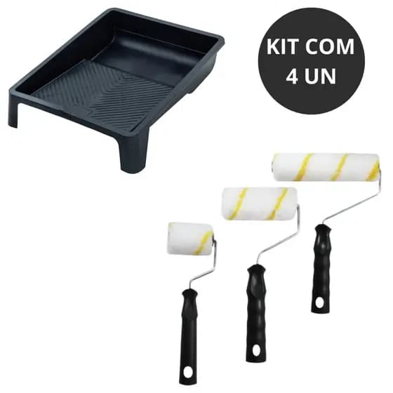 Kit Pintura 4 Peças com Rolinhos de Lã Anti-Respingo 15/9/5cm e Bandeja Média (1L)
