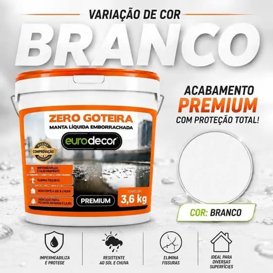 Impermeabilizante para Lajes Manta Líquida Emborrachada Zero Goteiras 3,6KG Branca Calhas e Telhados