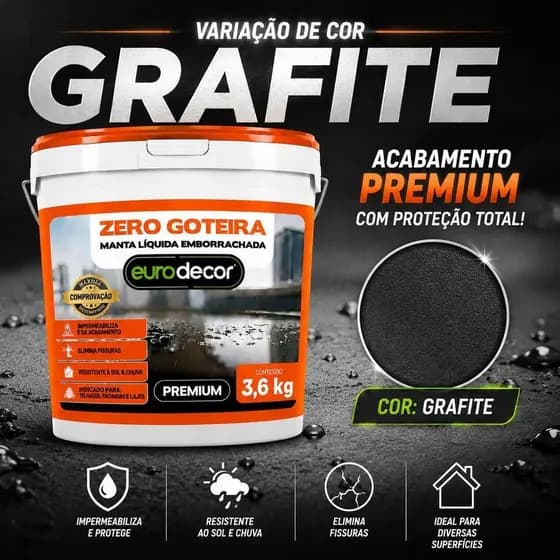 Impermeabilizante para Lajes Manta Líquida Emborrachada Zero Goteira 3,6KG Grafite Calhas e Telhados