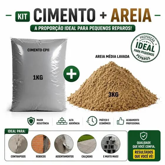 Kit de Cimento e Areia Mistura Pronta para Uso Embalagem Prática Pequenos Reparos Residenciais Obras