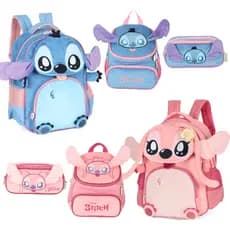 Kit Mochila de Costas Mala Bolsa Pelúcia Lancheira Térmica Estojo Stitch Angel Original Licenciada