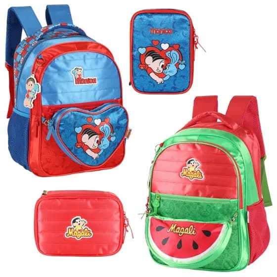 Mochila Turma da Monica Bolsa Escolar Mônica Magali Estojo Box 100 Pens