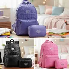 Mochila Escolar Feminina 18 Polegadas Grande Matelassê com Bolso Interno para Notebook + Estojo Box