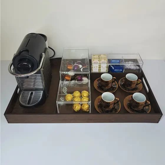 Conjunto Cantinho do café completo bandejas com divisórias, porta capsulas, porta saches chá