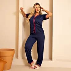 Pijama Longo Americano Malha Adulto Manga Curto Confortável Blogueira