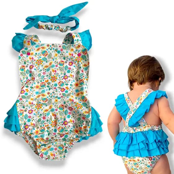 Body Jardineira Romper Infantil Bebê Corujinhas Calcinha Bunda Rica Babados