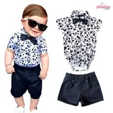 Conjunto Bebê Body Camisa Com Gravata e Bermuda Short Roupa Infantil Menino Mickey Estiloso