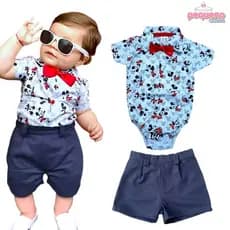 Conjunto Infantil RN Body Camisa e Bermuda Roupa de Bebê Com Gravata Social Borboleta