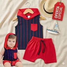 Conjunto Infantil Menino Regata com Capuz + Short Bebê Confortável Verão Azul Listrado Vermelho