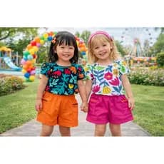 Conjunto Menina Blusa Folhagem e Short Moletinho Nanai Confortável Oferta Verão Infantil Delicado