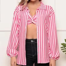 conjunto listrado cropped camisa botao manga longa feminina moda blogueira