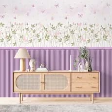 Papel De Parede Adesivo Ripado Floral Lilás Com Borboletas - Vinil Autocolante