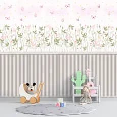 Papel De Parede Adesivo Ripado Floral Cinza Enevoado Com Borboletas - Vinil Autocolante