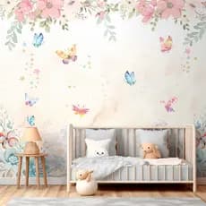 Papel De Parede Painel Floral Aquarelado Com Borboletas e Flores - Vinil Autocolante