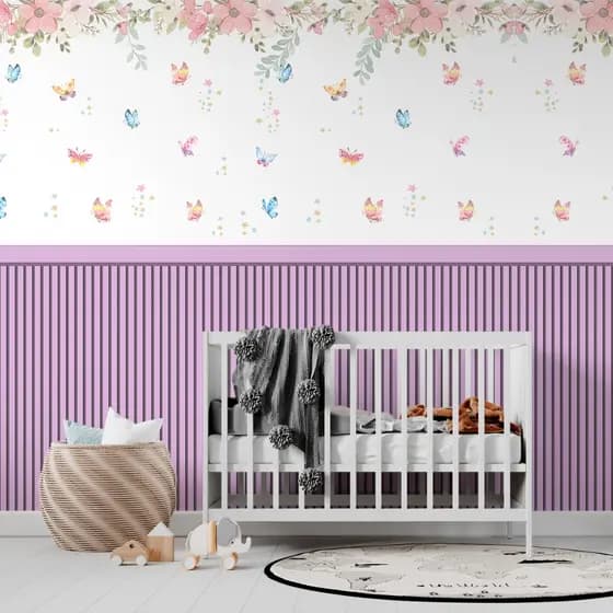 Papel De Parede Adesivo Ripado Floral Lilás Lavanda Com Borboletas - Vinil Autocolante