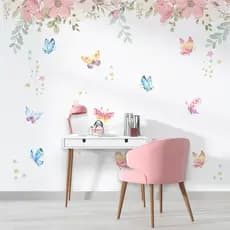 Papel De Parede Painel Floral Com Borboletas - Vinil Autocolante